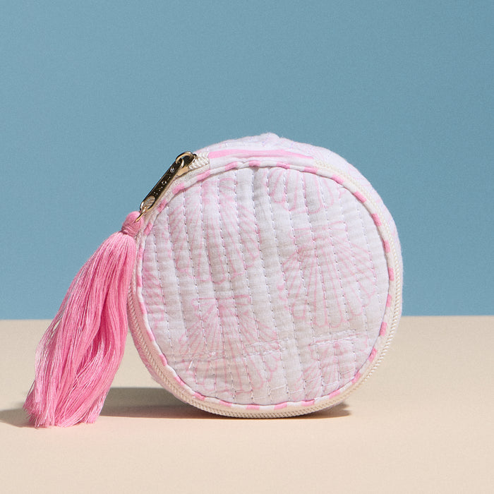 Pink Quilted Seashell Round Coin Pouch – Zipper Coin Purse with Tassel