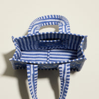 Blue Quilted Floral Mini Tote Bag – Striped Handle Fabric Lunch, Gift & Everyday Carry Bag