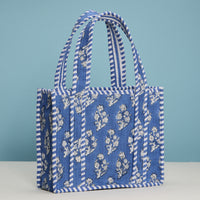 Blue Quilted Floral Mini Tote Bag – Striped Handle Fabric Lunch, Gift & Everyday Carry Bag