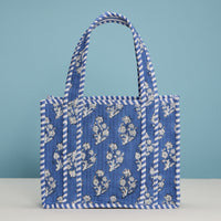 Blue Quilted Floral Mini Tote Bag – Striped Handle Fabric Lunch, Gift & Everyday Carry Bag