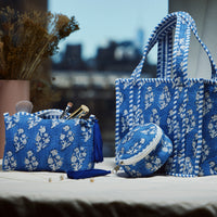 Blue Quilted Floral Cosmetic Pouch – Zipper Makeup Bag with Tassel