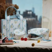 Light Blue Quilted Floral Cosmetic Pouch – Zipper Makeup Bag with Tassel