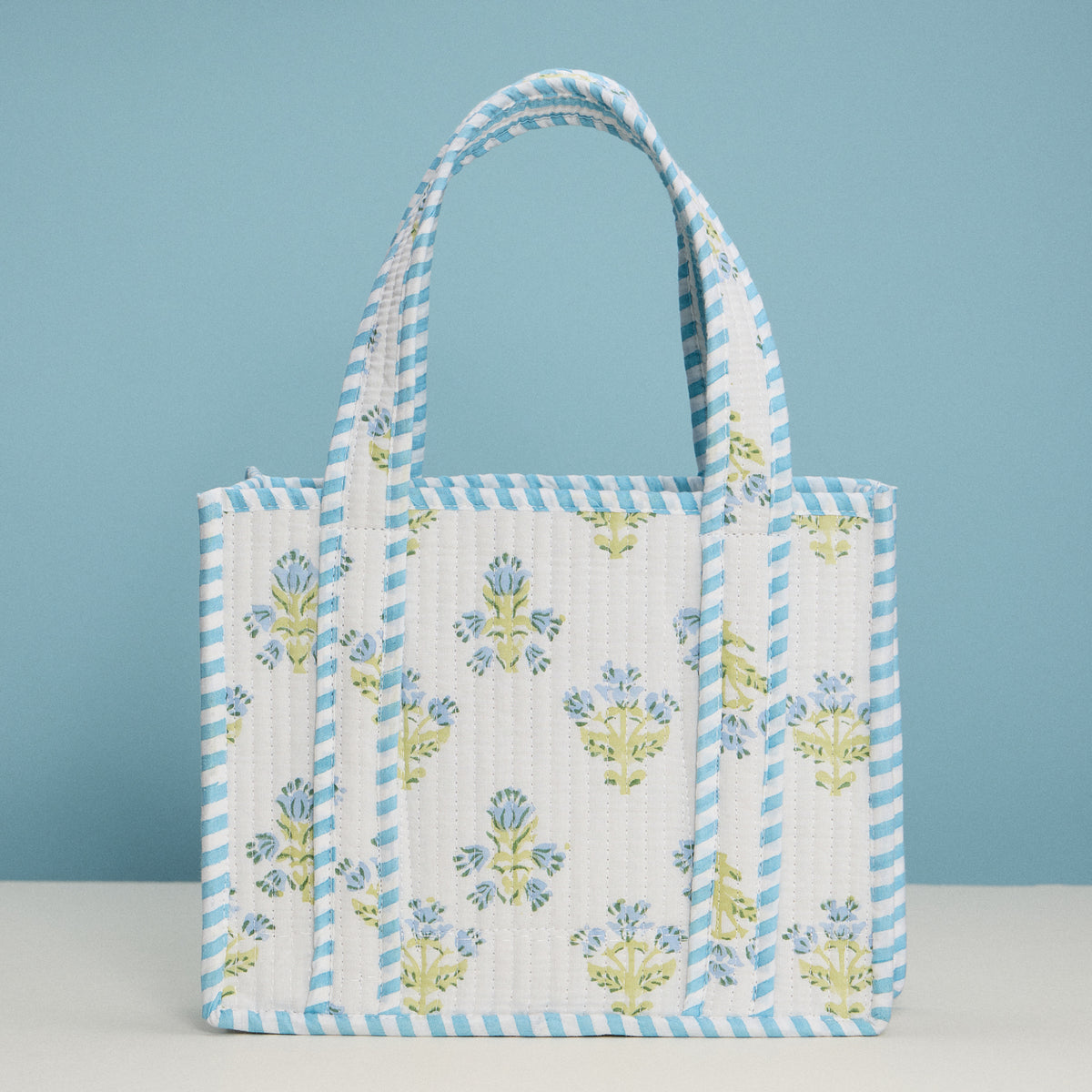 Blue Floral Quilted Mini Tote Bag – Soft Fabric Everyday Carry Handbag