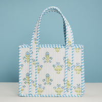 Blue Floral Quilted Mini Tote Bag – Soft Fabric Everyday Carry Handbag