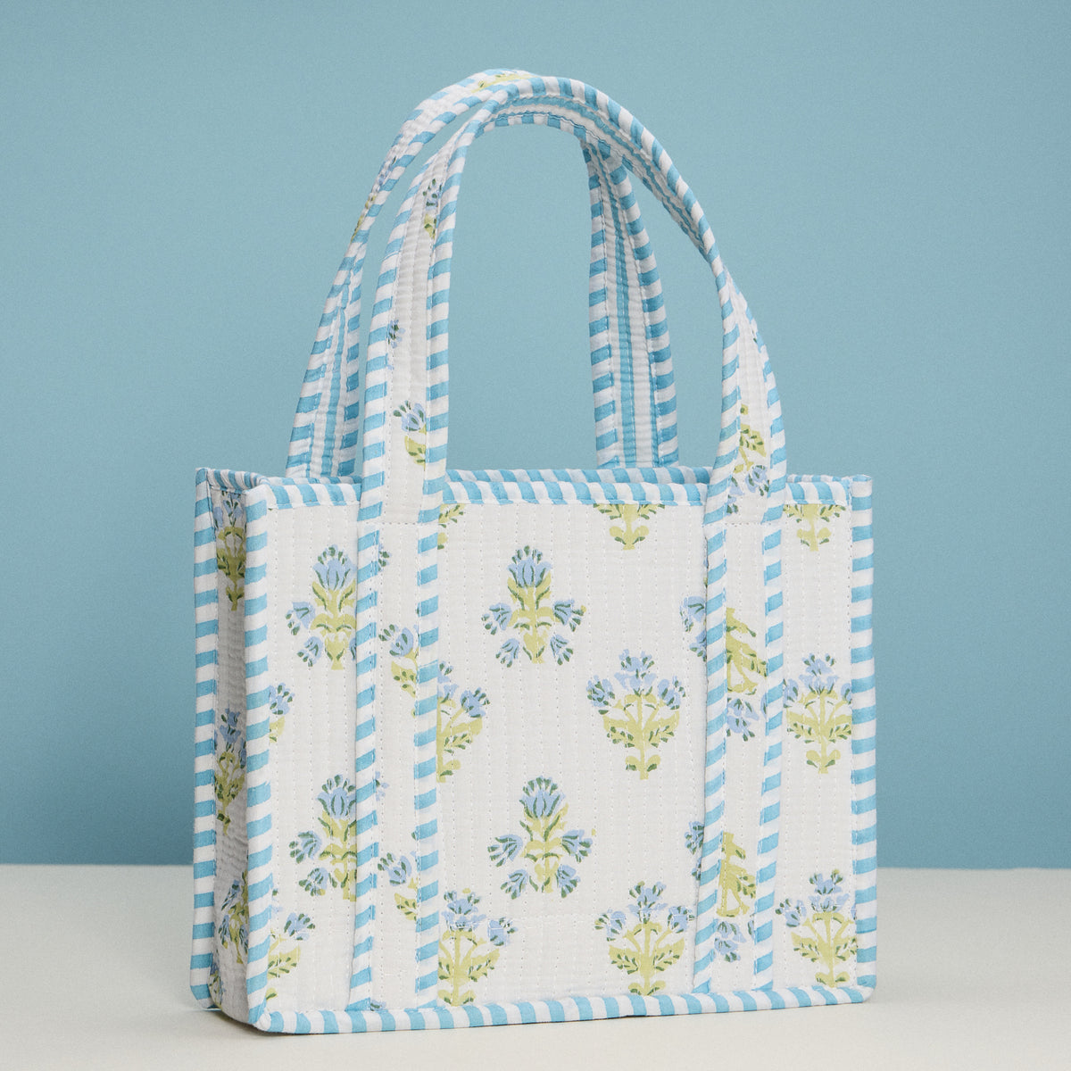 Blue Floral Quilted Mini Tote Bag – Soft Fabric Everyday Carry Handbag