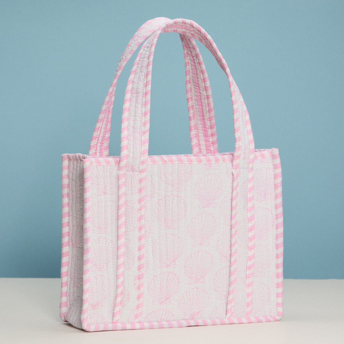 Pink Shell Quilted Mini Tote Bag – Lightweight Floral Striped Everyday Handbag