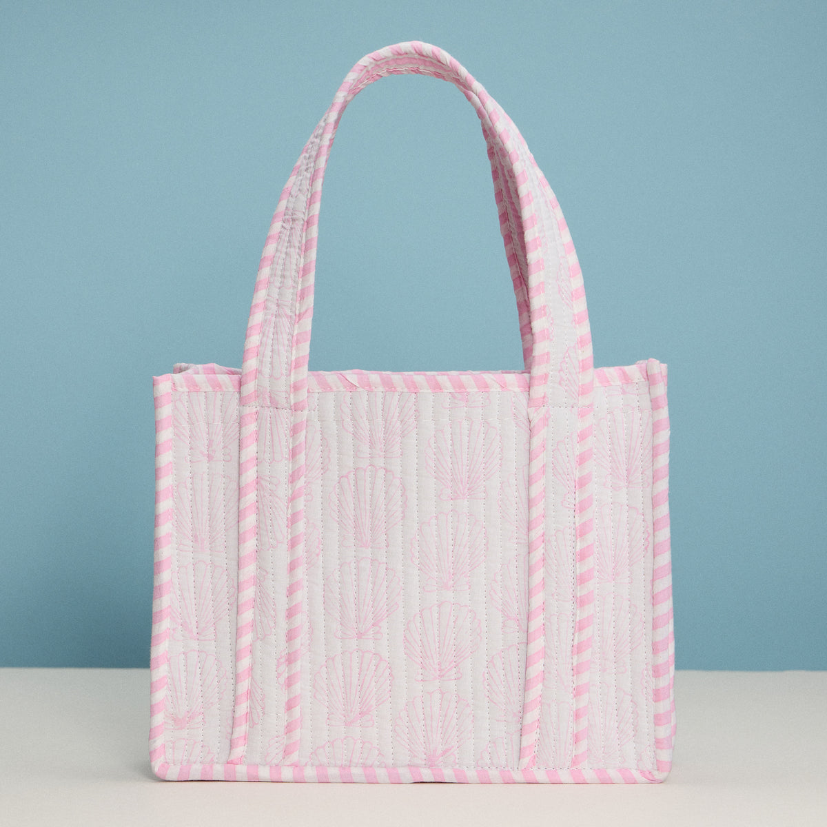 Pink Shell Quilted Mini Tote Bag – Lightweight Floral Striped Everyday Handbag