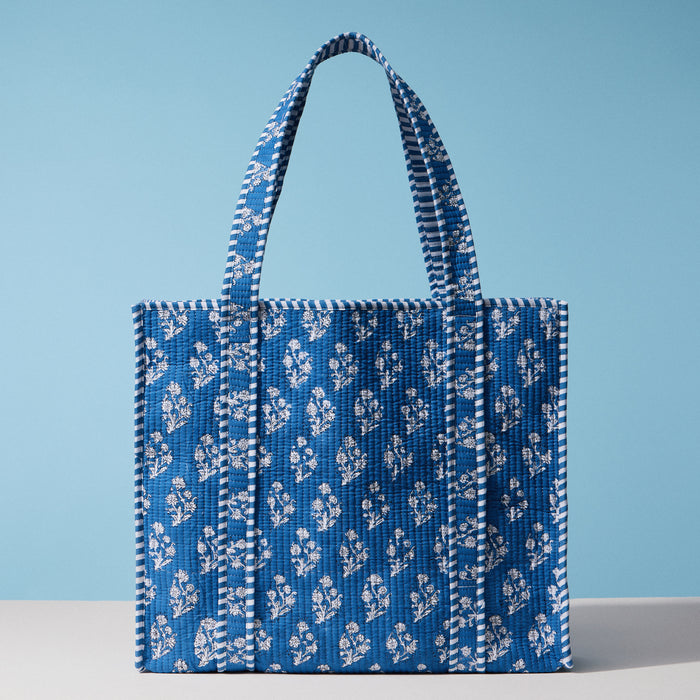 Blue Indian Quilted Tote Bag – Large Handmade Block Print Cotton Carryall