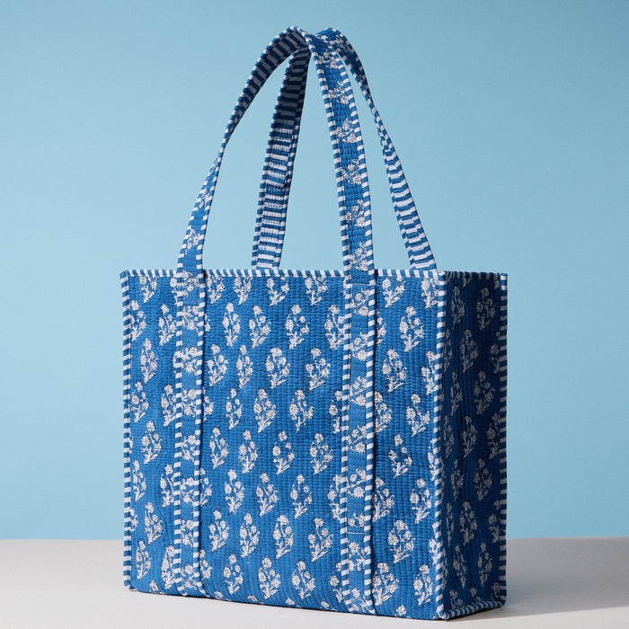 Blue Indian Quilted Tote Bag – Large Handmade Block Print Cotton Carryall
