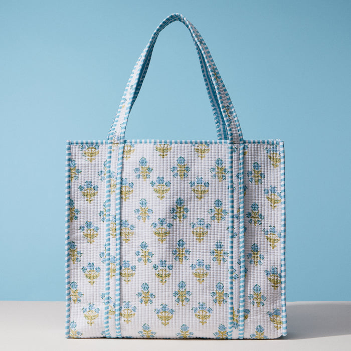 Hand Block Print Quilted Tote — Blue Floral