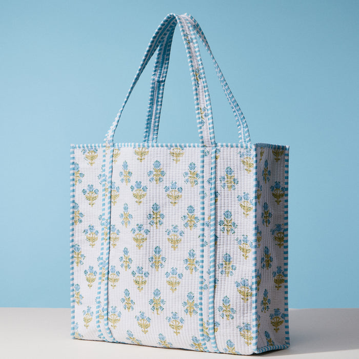 Blue and White Indian Quilted Tote Bag – Large Handmade Block Print Cotton Bag