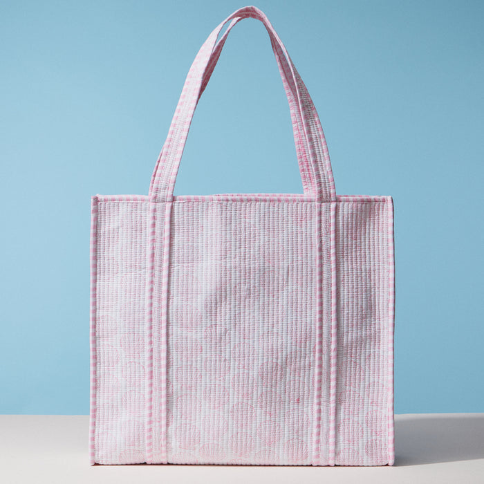 Pink Seashell Indian Quilted Tote Bag – Large Handmade Block Print Cotton Bag