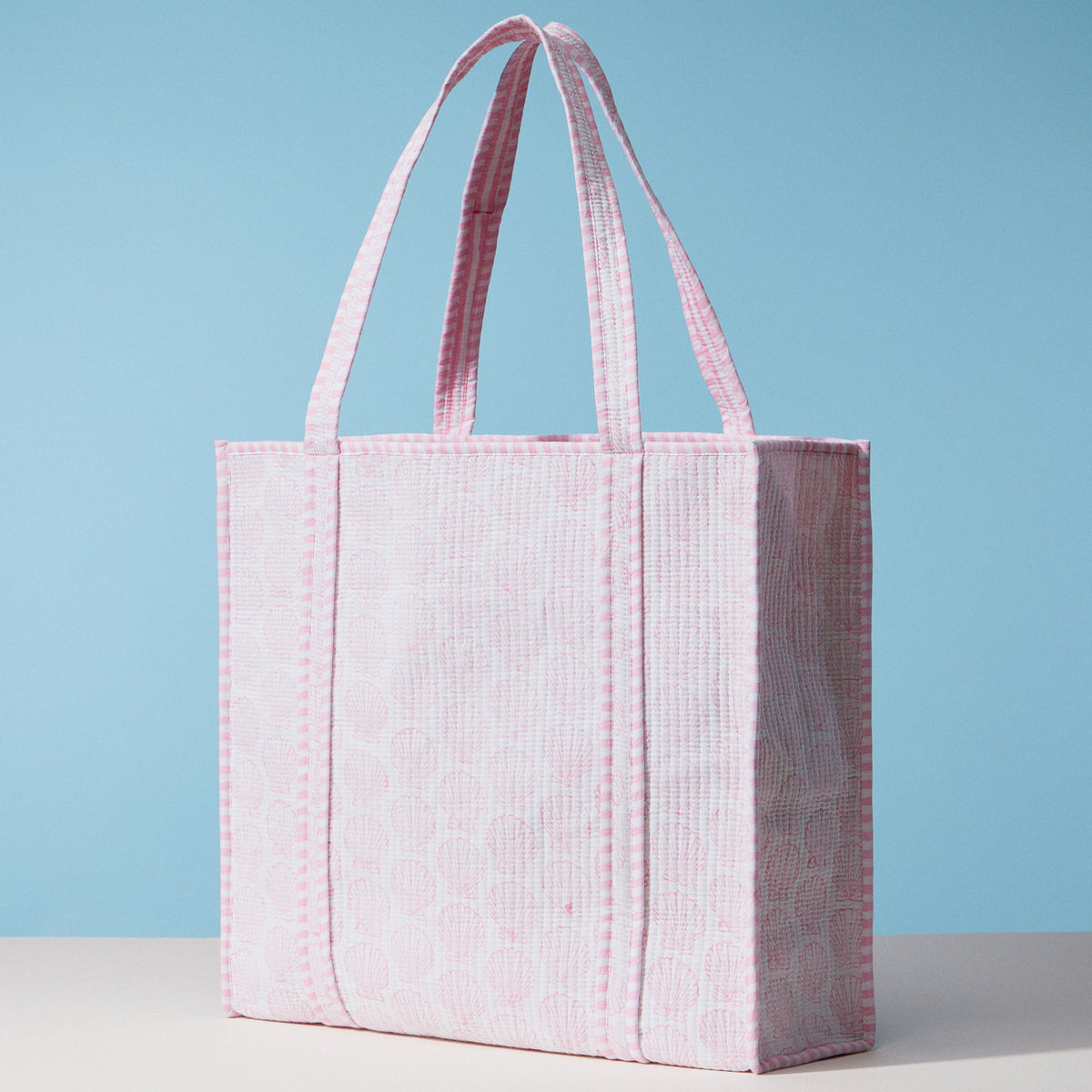 Pink Seashell Indian Quilted Tote Bag – Large Handmade Block Print Cotton Bag