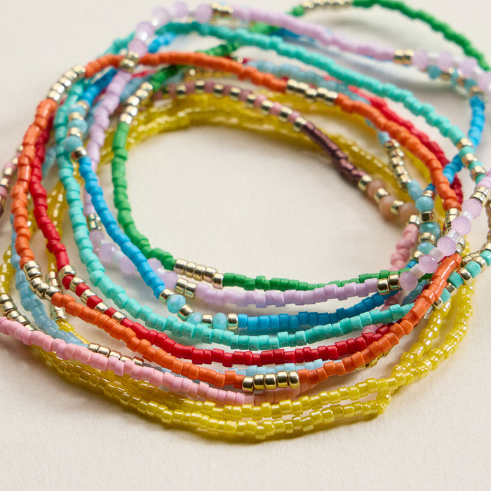 Delicate Multi-Color Seed Bead Stretch Bracelets Set with Gold Accents
