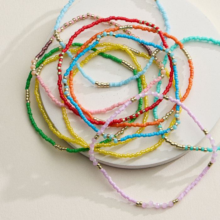 Delicate Multi-Color Seed Bead Stretch Bracelets Set with Gold Accents