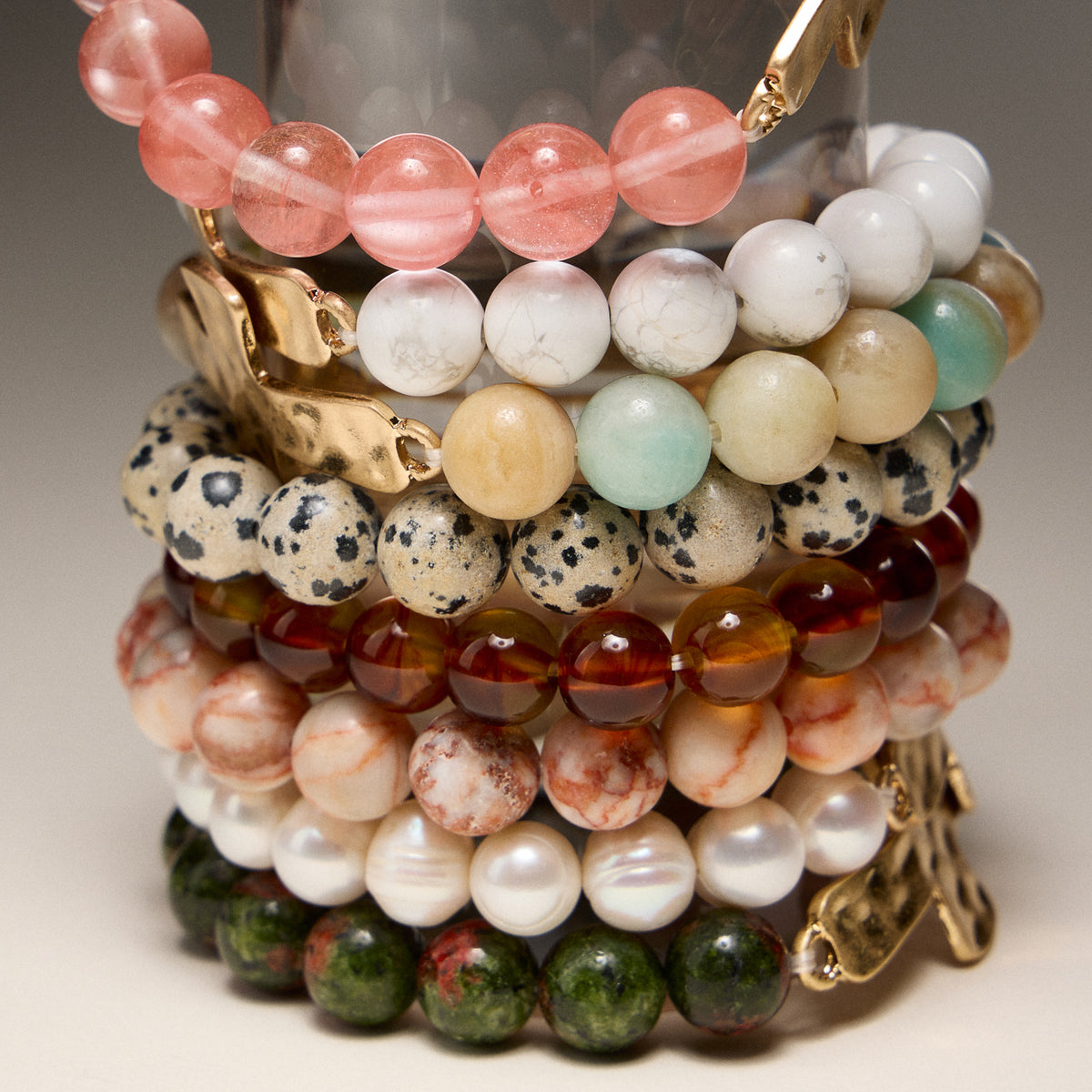 Natural Stone Beaded Bracelet with Hammered Cross Charm – Stretch Faith Bracelet