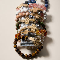 Natural Stone Beaded Bracelet with Hammered Cross Charm – Stretch Faith Bracelet