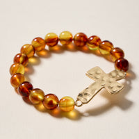 Natural Stone Beaded Bracelet with Hammered Cross Charm – Stretch Faith Bracelet