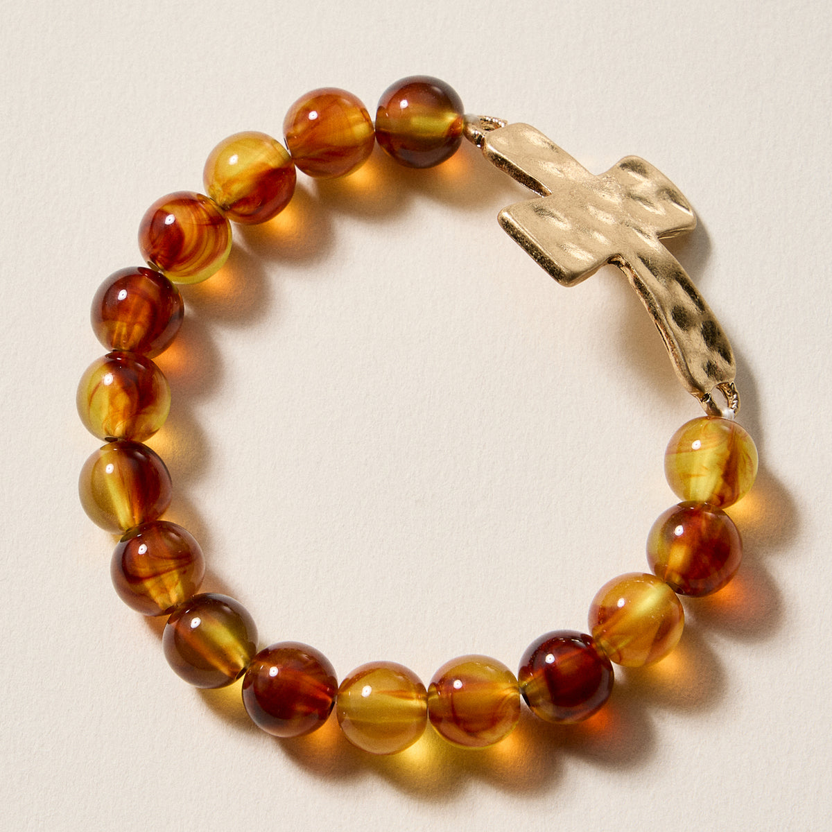 Natural Stone Beaded Bracelet with Hammered Cross Charm – Stretch Faith Bracelet