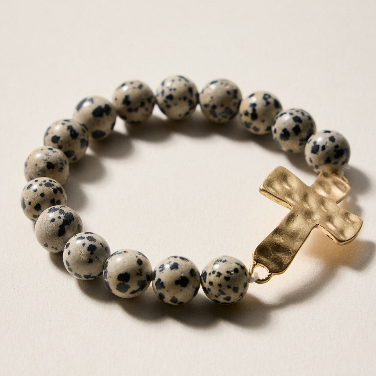 Natural Stone Beaded Bracelet with Hammered Cross Charm – Stretch Faith Bracelet