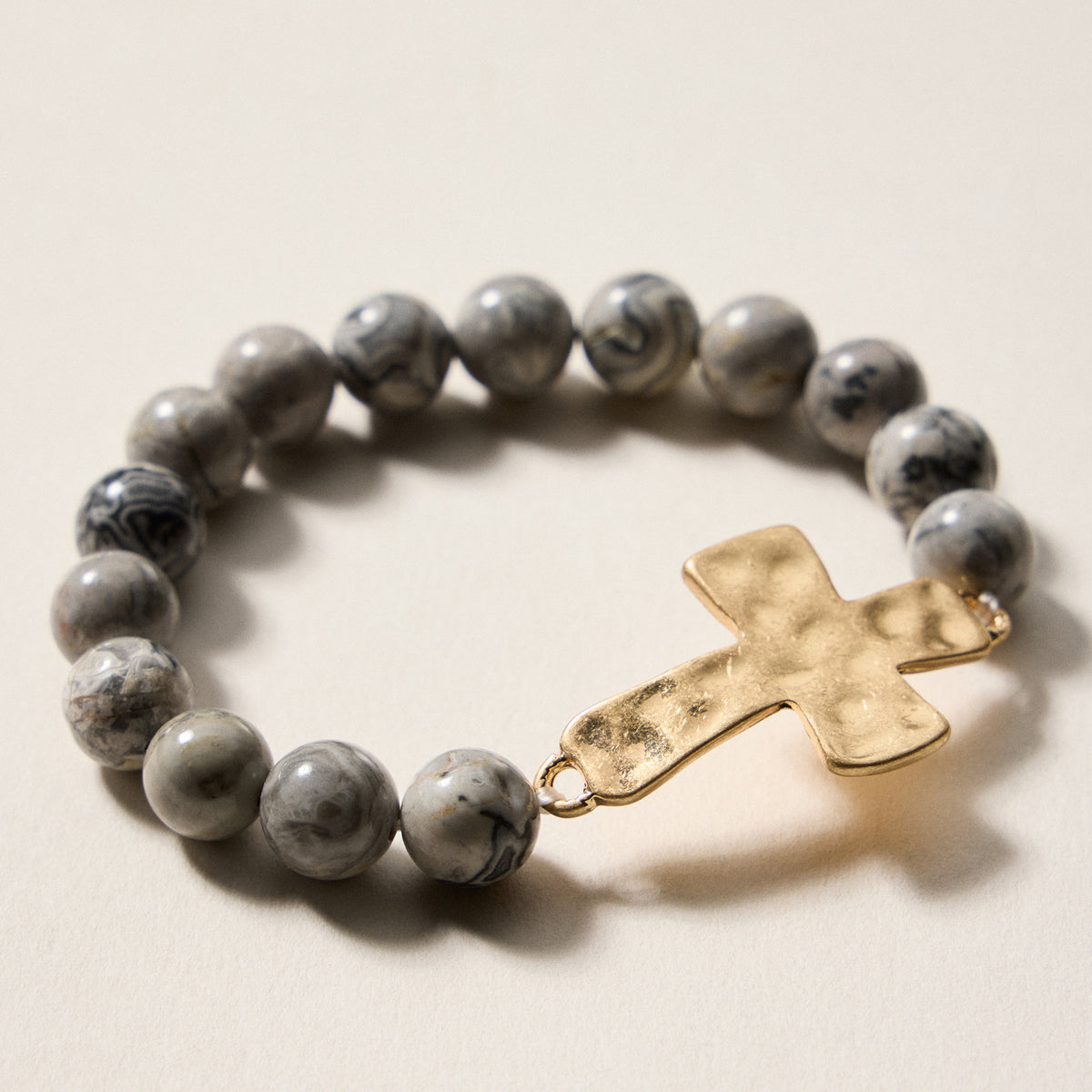 Natural Stone Beaded Bracelet with Hammered Cross Charm – Stretch Faith Bracelet