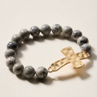 Natural Stone Beaded Bracelet with Hammered Cross Charm – Stretch Faith Bracelet