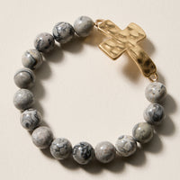 Natural Stone Beaded Bracelet with Hammered Cross Charm – Stretch Faith Bracelet
