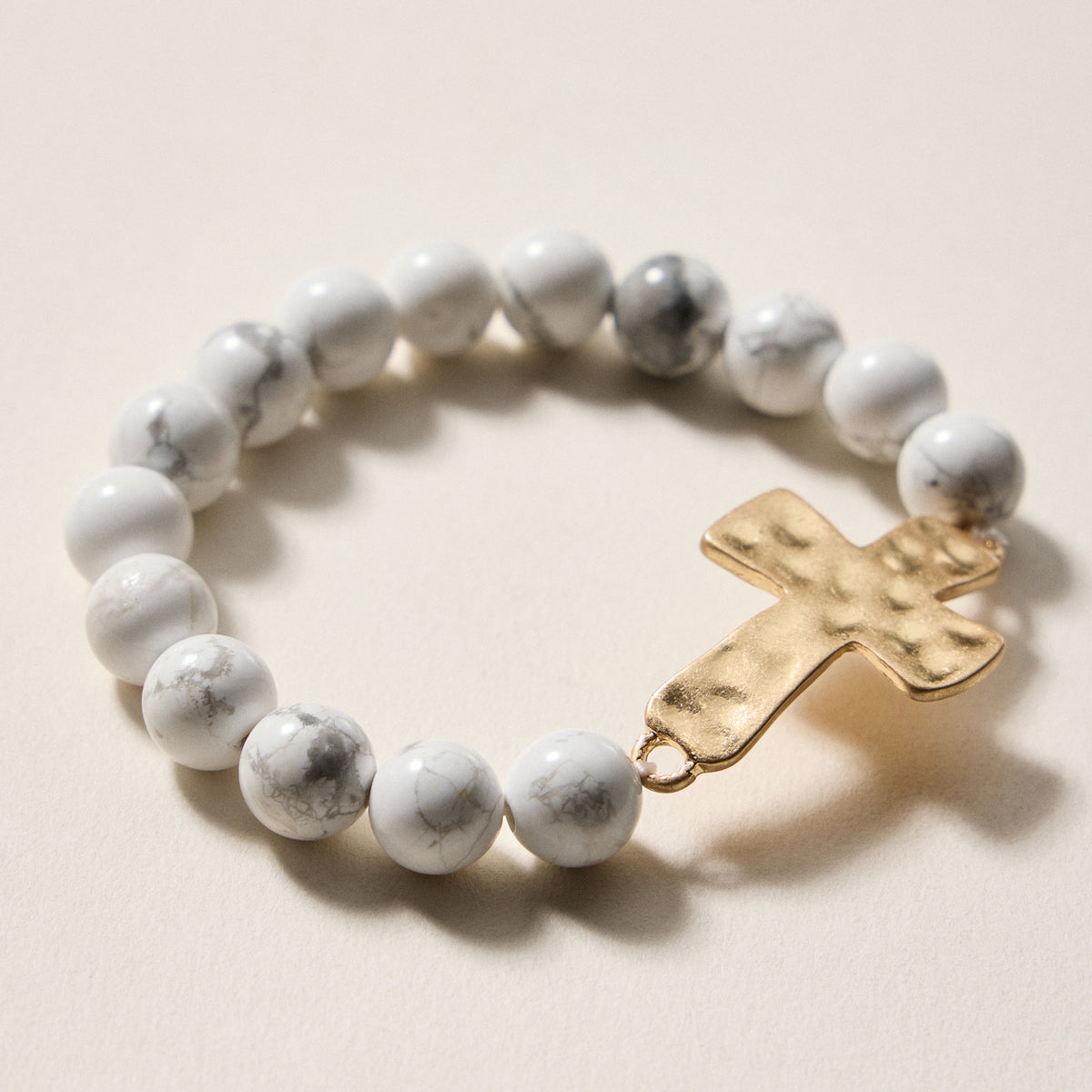 Natural Stone Beaded Bracelet with Hammered Cross Charm – Stretch Faith Bracelet