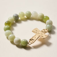 Natural Stone Beaded Bracelet with Hammered Cross Charm – Stretch Faith Bracelet