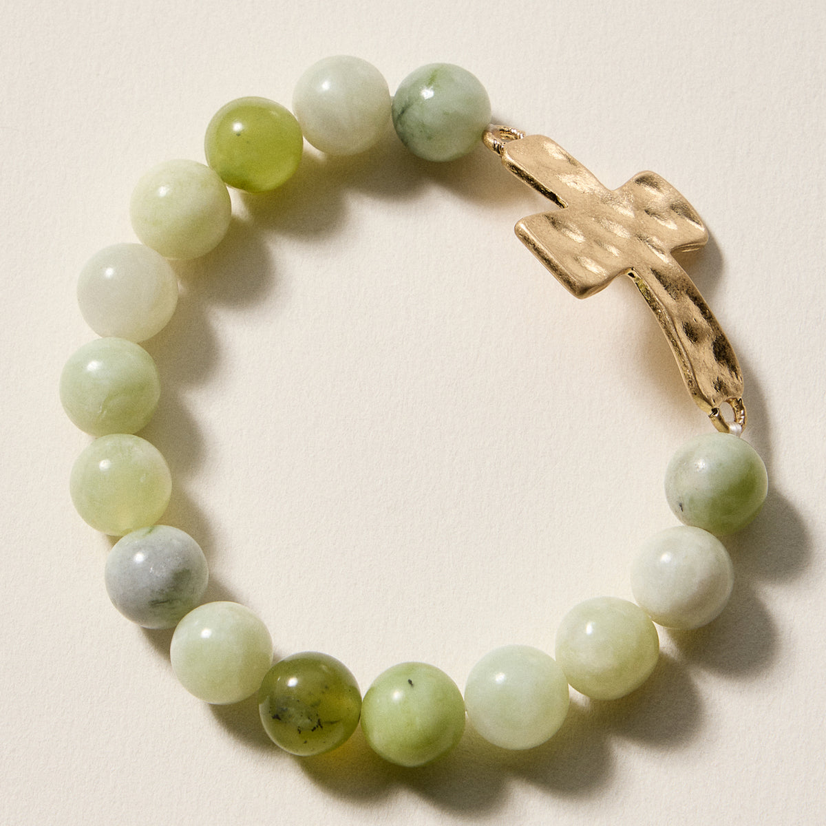 Natural Stone Beaded Bracelet with Hammered Cross Charm – Stretch Faith Bracelet