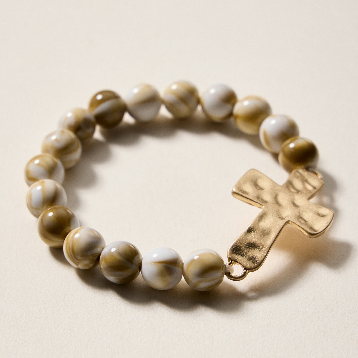 Natural Stone Beaded Bracelet with Hammered Cross Charm – Stretch Faith Bracelet