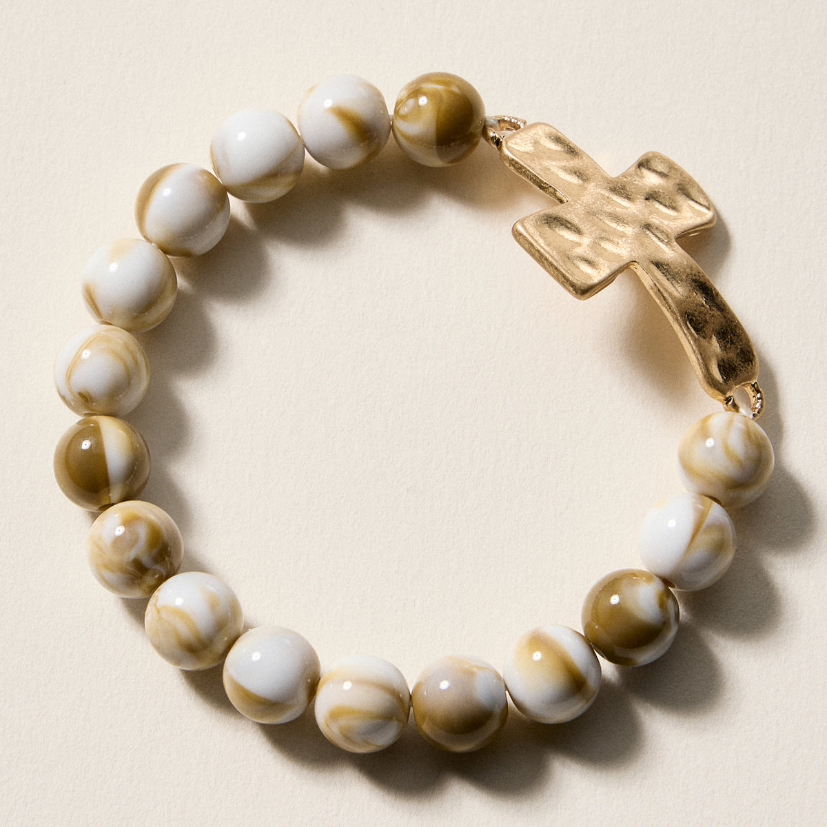 Natural Stone Beaded Bracelet with Hammered Cross Charm – Stretch Faith Bracelet