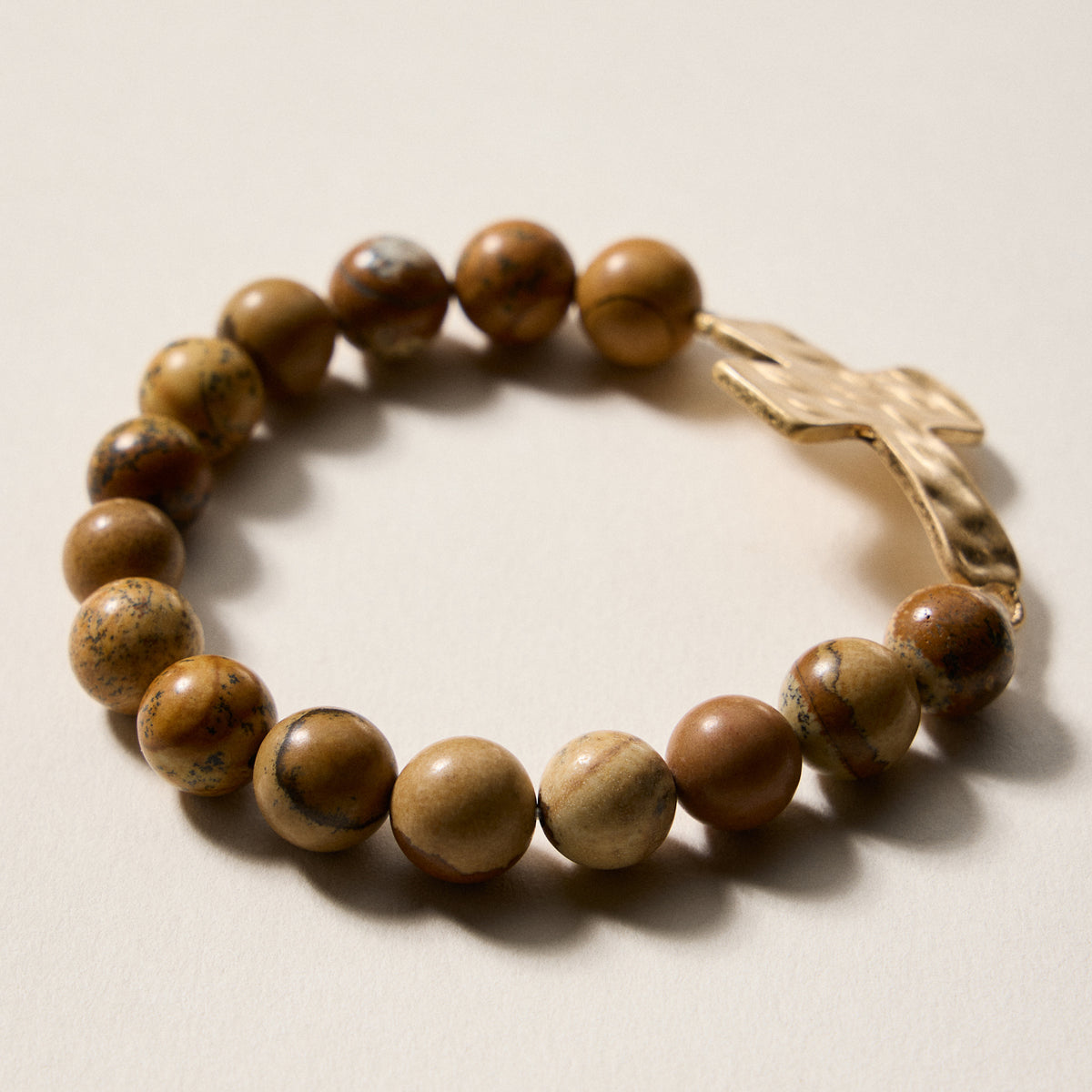 Natural Stone Beaded Bracelet with Hammered Cross Charm – Stretch Faith Bracelet