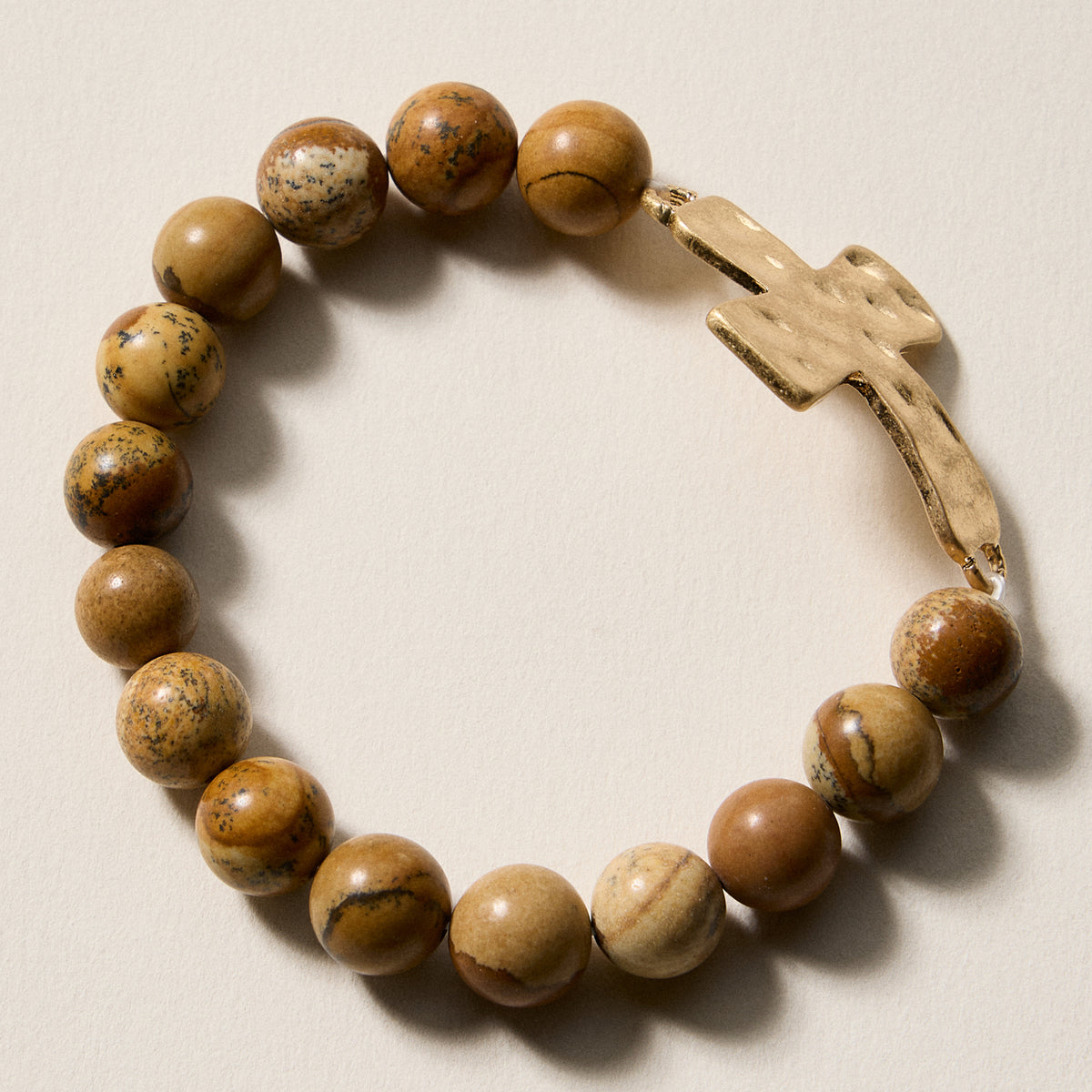 Natural Stone Beaded Bracelet with Hammered Cross Charm – Stretch Faith Bracelet