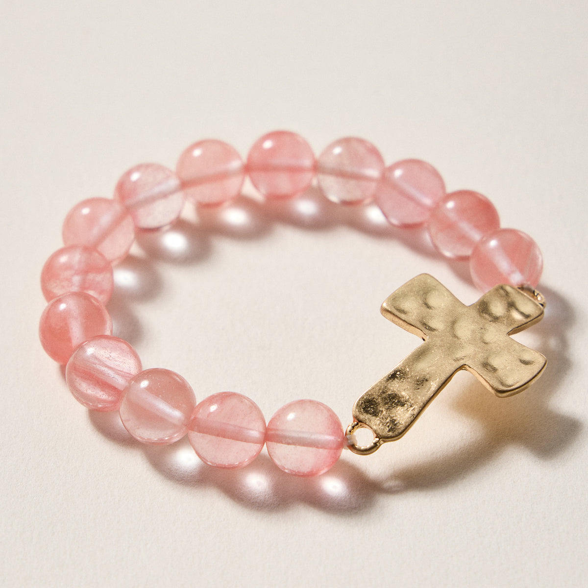 Natural Stone Beaded Bracelet with Hammered Cross Charm – Stretch Faith Bracelet