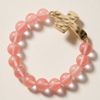Natural Stone Beaded Bracelet with Hammered Cross Charm – Stretch Faith Bracelet