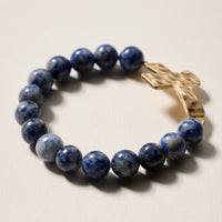 Natural Stone Beaded Bracelet with Hammered Cross Charm – Stretch Faith Bracelet