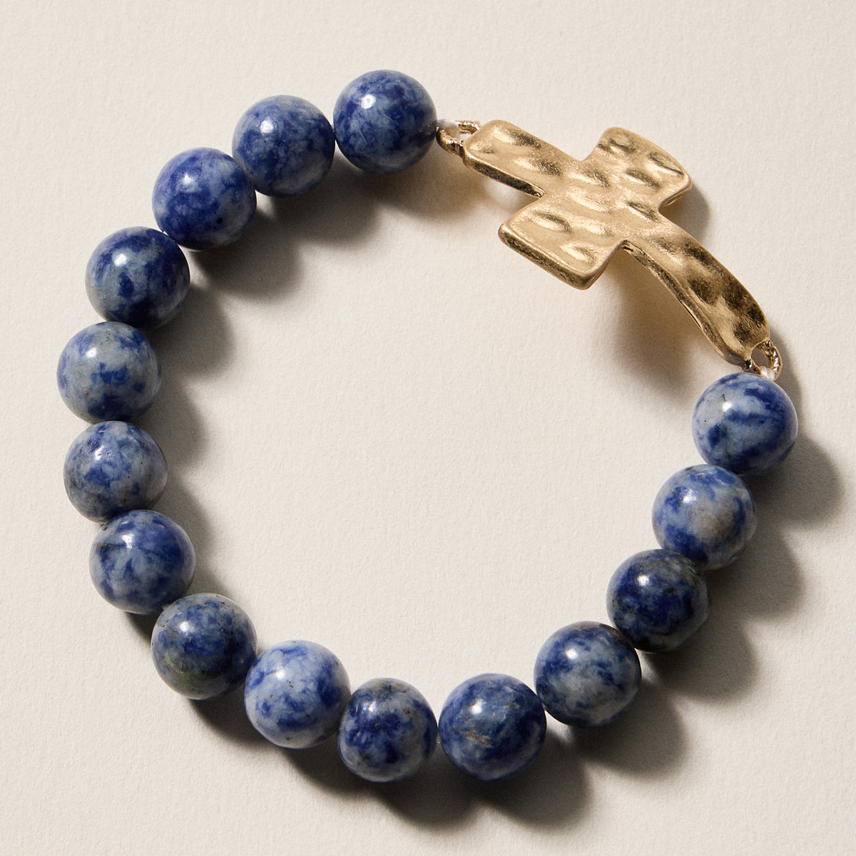 Natural Stone Beaded Bracelet with Hammered Cross Charm – Stretch Faith Bracelet