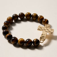 Natural Stone Beaded Bracelet with Hammered Cross Charm – Stretch Faith Bracelet