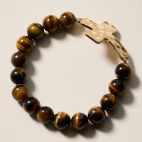 Natural Stone Beaded Bracelet with Hammered Cross Charm – Stretch Faith Bracelet