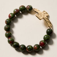 Natural Stone Beaded Bracelet with Hammered Cross Charm – Stretch Faith Bracelet