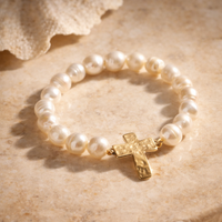 Freshwater Pearl Beaded Bracelet with Cross Charm – Stretch Faith Bracelet