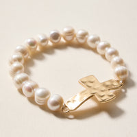 Natural Stone Beaded Bracelet with Hammered Cross Charm – Stretch Faith Bracelet