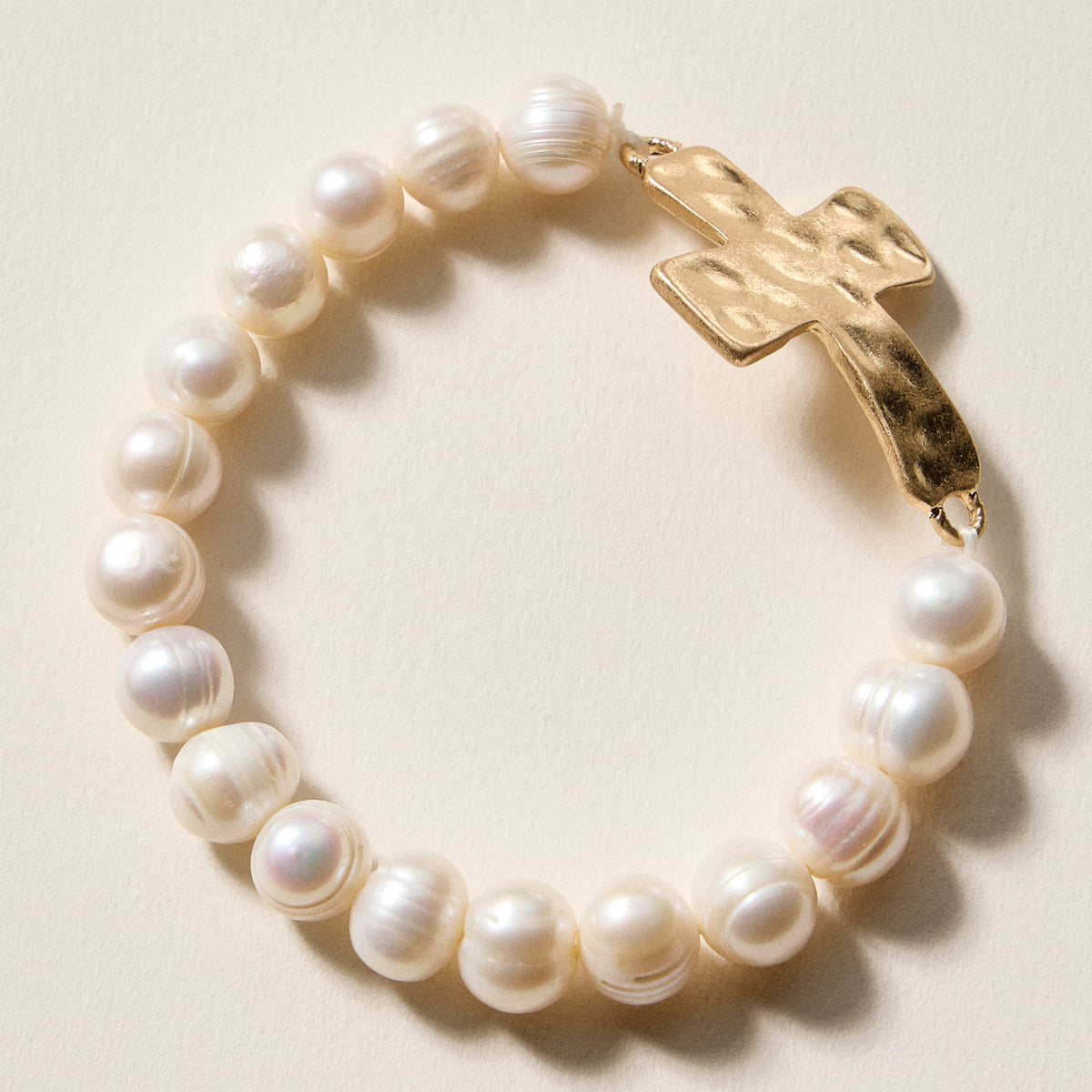 Freshwater Pearl Beaded Bracelet with Cross Charm – Stretch Faith Bracelet