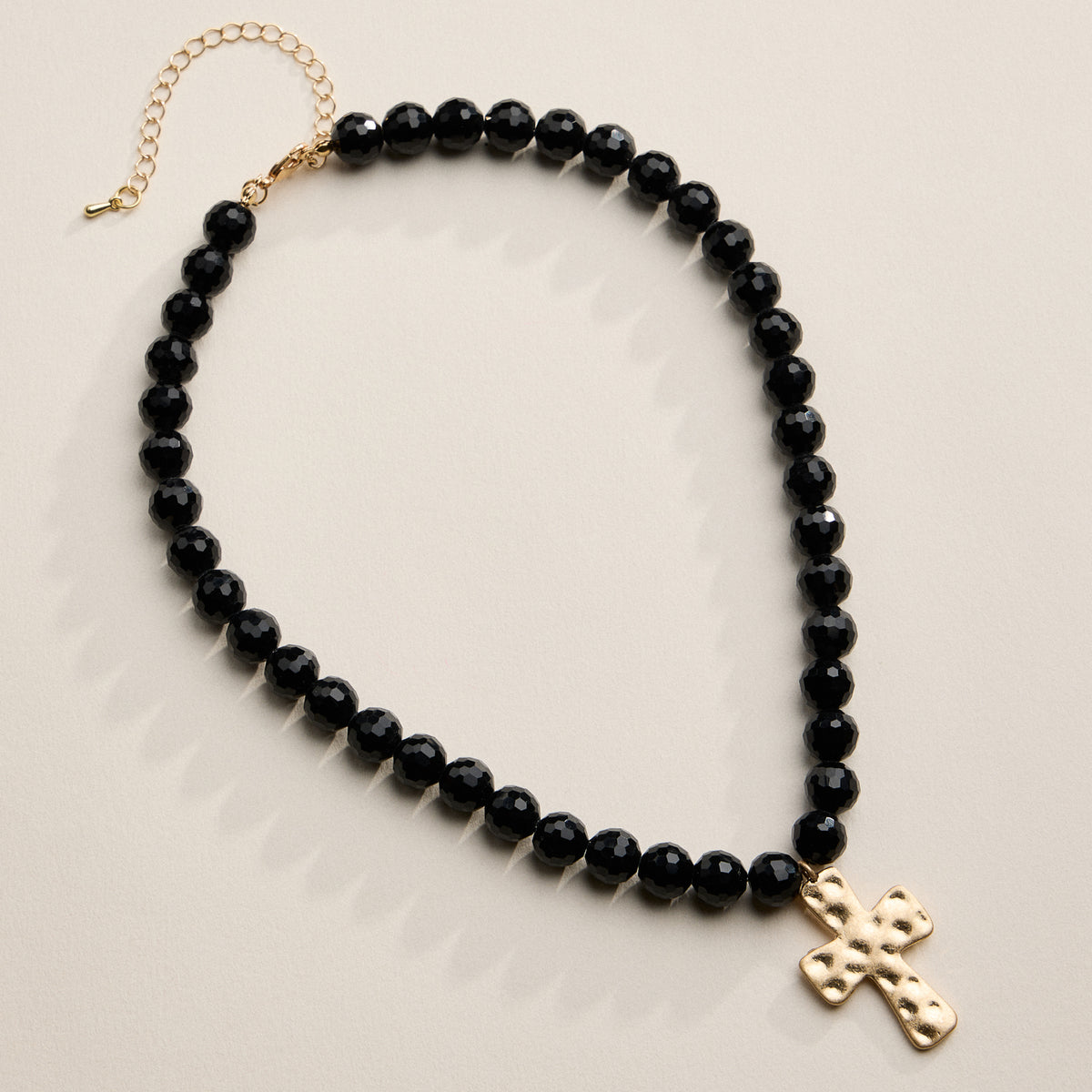 Faceted Beaded Necklace with Hammered Cross Pendant