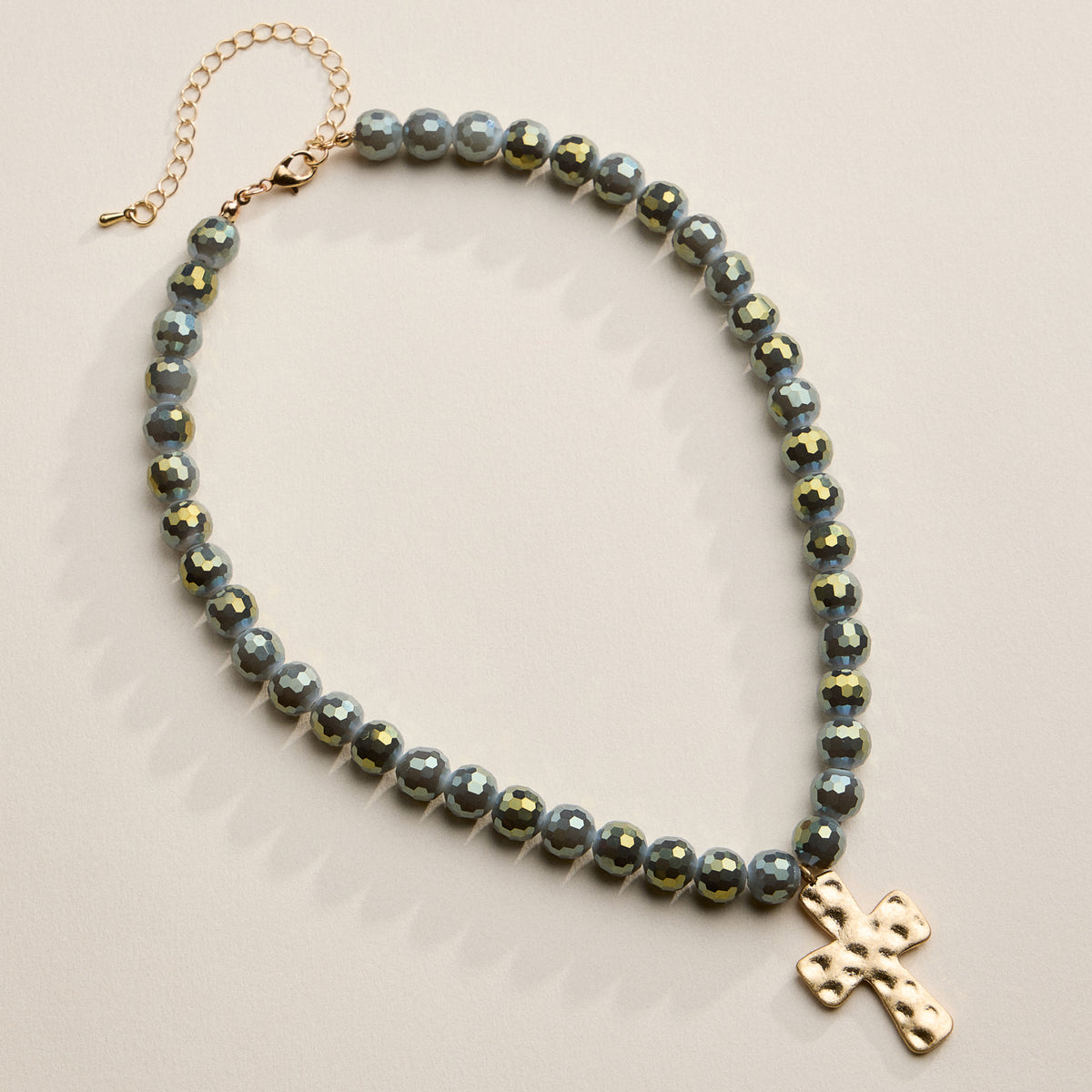 Faceted Beaded Necklace with Hammered Cross Pendant