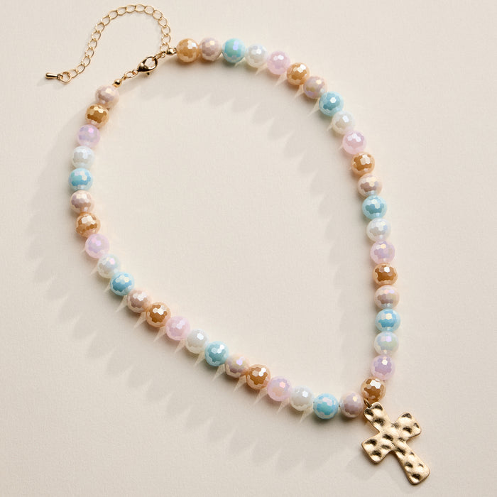 Faceted Beaded Necklace with Hammered Cross Pendant