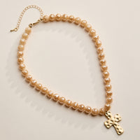 Faceted Beaded Necklace with Hammered Cross Pendant