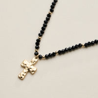 Beaded Cross Necklace for Women – Faceted Bead Necklace with Hammered Cross Pendant
