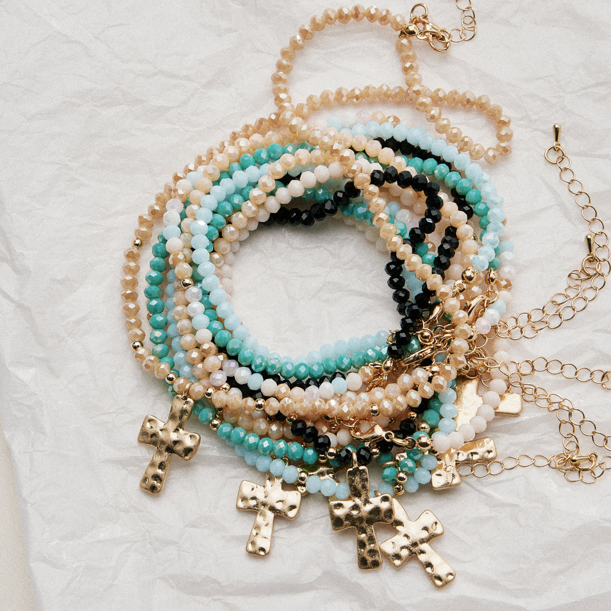 Beaded Cross Necklace for Women – Faceted Bead Necklace with Hammered Cross Pendant